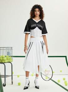 SHEIN MOD Maglietta sportiva con vita in contrasto bianco e nero, Maglietta estiva dolce, abbigliamento da donna in stile college, completo per ritorno a scuola e rave