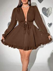 Viva Relle Plus Size Sexy Deep V-Neck Tie Front Ruffle Trim Dress,Valentine - Brown - View 2