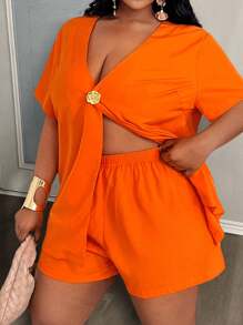 Slaydiva Conjunto de 2 piezas de mujer talla grande con camiseta suelta naranja brillante y shorts, adecuado para vacaciones en la playa