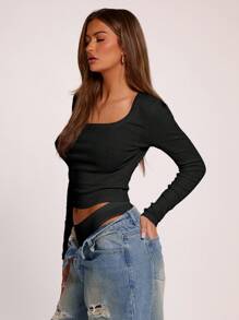 MUSERA 圆领长袖修身上衣，休闲度假机场出行返校季皆宜，优雅春夏款 - 黑色 - 查看 2