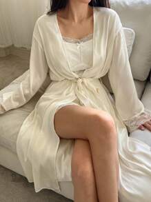 DAZY 3pcs Set Satin & Lace Patchwork Robe, Cami Top & Shorts, Women Pajama Set, Fall Clothes
