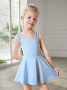 SHEIN Young Girls Clothing High Elasticity 4-Season Sportswear, Fashion Stretchy Fitness Outdoor Sports Yoga Gymnastics Running Cycling Basketball Soccer Tennis Badminton, With Pocket Anti-Flashing Leggings Skirt Elastic Snug Fit One-Piece Activewear - Baby Blue - View 5