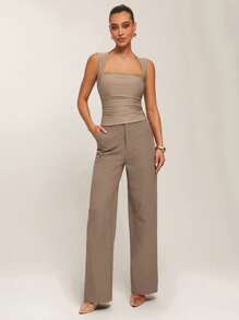 Silquee 女士经典直筒纯色抗皱斜口袋长裤，适合春夏季、日常通勤、职业、休闲约会、办公室穿着、商务休闲 - 駝色 - 查看 1