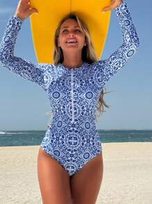 Swim SPRTY Summer Random Print Long Sleeve Zipper With Padded One-Piece Bikini Surf Suit, Conservative Beach Vacation Surfing Swimwear