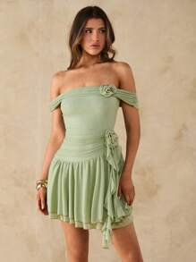 SHEIN BAE Vestido camisola drapeado asimétrico y ajustado con volante en forma de flor 3D, vestido de verano ajustado y con volantes, dulce para primavera/verano, vacaciones - Verde - Ver 7