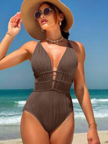 Swim Vcay 夏季海滩女士纯色露背时尚游泳沙滩装连体泳衣白色泳衣