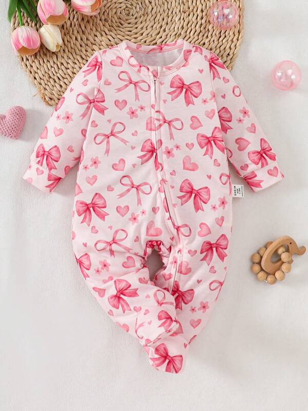 SHEIN Dozemod Kids Newborn Baby Girl Simple Bow Pattern Round Neck Long Sleeve Zip Front Jumpsuit Romper Loungewear