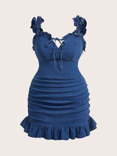 Plus Size Casual Ruffled Hem Shirred Fitted Denim Dress