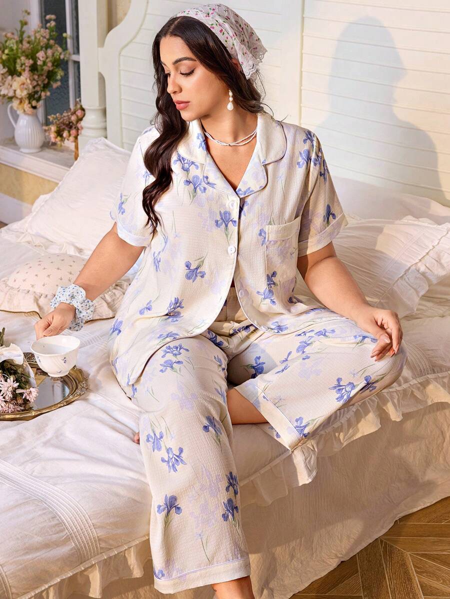 CottageSlumber Collared Button-Up Crinkle Floral Print Short Sleeve Pajama Set - Apricot - View 1