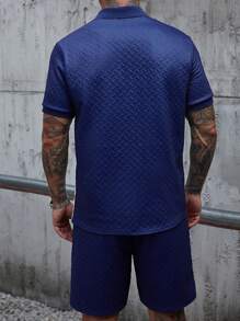 Manfinity Homme Men's Casual Daily Set With An INS-Inspired Design, Featuring A Classic Navy, White, And Gray Color-Blocked Wheat-Ear Textured Knit Short-Sleeve Polo And Matching Shorts. The Outfit Includes A Button Placket And Is Perfect For Music Festivals, Hawaiian Beach Vacations, And Everyday Wear. It Also Makes A Great Gift For A Boyfriend Or Husband. Men's Casual Tri-Color Patchwork Textured Polo Shirt Set, Men Shorts Set, Men Two Pieces Outfits , Men Outfits 2 Pieces - Multicolor - View 7