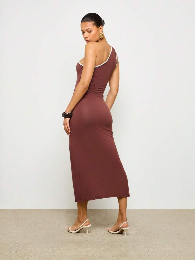 원숄더 크로셰 스티치 롱 드레스 사이드 슬릿 포함