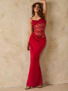 SHEIN BAE 女士性感露背蕾丝拼布褶饰纯色超长吊带裙，适合海滩度假、夏季、波西米亚风格、音乐会、婚礼嘉宾、伴娘