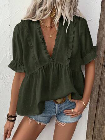 LanaWest Women's Deep V-Neck Puff Sleeve Shirt With 3D Laser Cut-Out Fabric