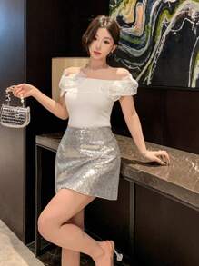 DAZY 1pc Women's 3D Floral Decor Off Shoulder Knit Top - White - View 7