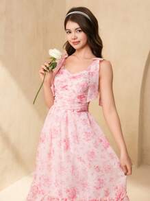 SHEIN Vestido con estampado floral elegante y tirantes desmontables, perfecto para adolescentes, bodas y ocasiones formales