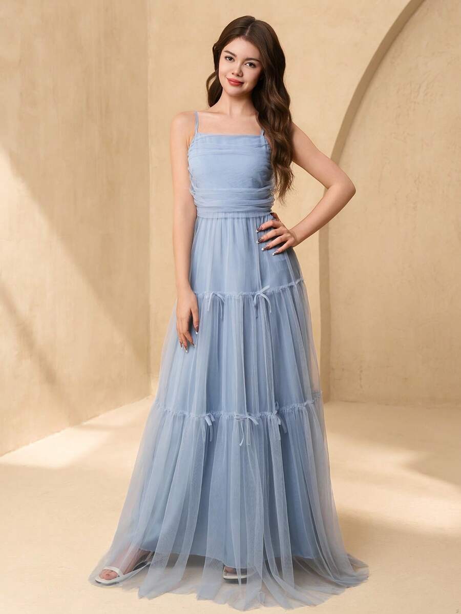 SHEIN Elegant Teen Girl Floral Tulle Spaghetti Strap A-Line Bow Decor Long Evening Dress For Wedding, Prom, Birthday Party