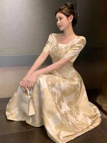 DAZY Floral Print Square Neck Puff Sleeve Midi Dress For Women Prom Dress Elegant Women Dresses - Apricot - View 4