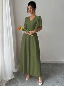 Elenzga 女士优雅纯色 V 领 A 字形开衩袖装饰长款休闲连衣裙，适合春夏季茶会、度假、通勤