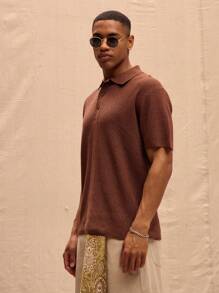Musero Lightweight Crochet Smart Short Sleeve Polo Shirt Spring Summer Vacation Easter - Brown - View 2