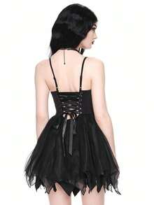 ROMWE Goth 哥特式性感派对连衣裙，后背交叉肩带，蝙蝠形网眼下摆，万圣节 - 黑色 - 查看 5