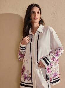 Graceveil 2 件套：女式长袖花卉印花衬衫和松紧腰裤，春夏季