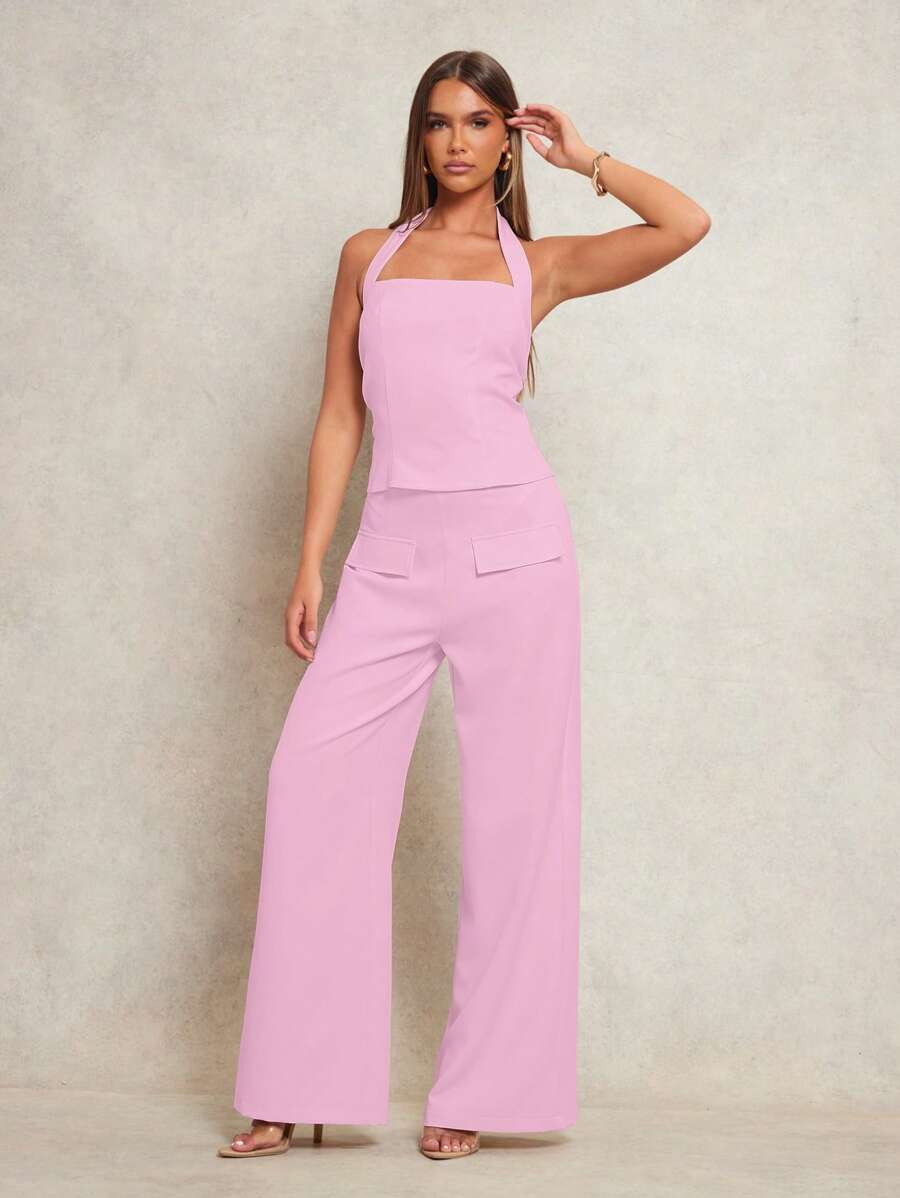 Glamine 2pcs/Set Women's Simple Fitted Sexy Cami Top With Halter & Straight Leg Trousers In Solid Color, Early Spring New Fashion Casual Set Women Clothing Sets Women 2 Pieces Outfits - Pink - View 1