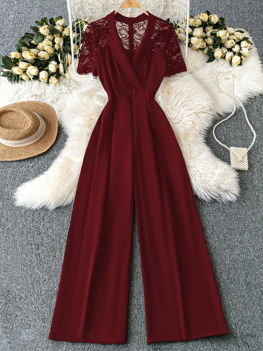 SHEIN Clasi 女士通勤简约撞色蕾丝短袖连体裤 - 酒紅色 - 查看 1