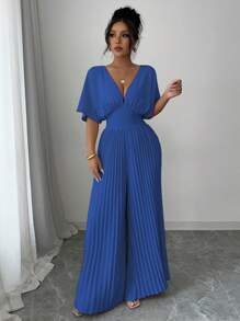 Elenzga 纯色深V领蝙蝠袖褶皱优雅女士连体裤 - 寶藍色 - 查看 3