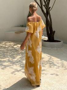 DAZY Vestido médio doce com ombros à mostra, manga bufante e bordado floral