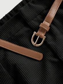 SHEIN MOD Plus Size Women 1pc Women Corduroy Black Bodycon Pencil Skirt With Side Slit, Mid-Length Skirt With Belt,Spirng Women Skirts - Black - View 5