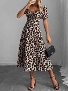 Elenzga Plus Size Women Leopard Print Off Shoulder Bowknot Tie Dress With High Slit