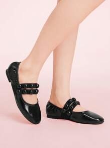 CUCCOO DOLLMOD Women's Flat Ballerina Shoes With Wrinkle Pearl Decor, Fashion Comfortable Slip-On Flats - Black - View 1