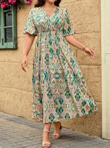 SHEIN Clasi Plus Size Women's Shirred Floral Print Ruffle Short Sleeve Drawstring Waist Dress, For Vacation Women Long Dresses Women Dresses Easter Women - Multicolor - View 6