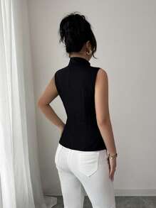 Selianne 复古风格纯色无袖马甲 - 立领前开襟设计，金色纽扣装饰，假口袋点缀，通勤休闲外套 - 黑色 - 查看 2