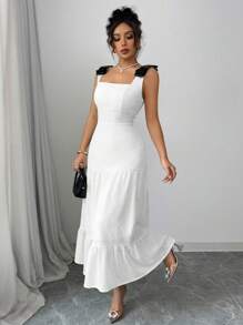 SHEIN Elenzya 海滩假日派对风格撞色蝴蝶结吊带刺绣针织太阳裙 - 白色 - 查看 5