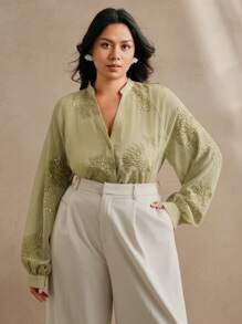 Anewsta Áo cánh dài tay cổ chữ V thêu và đính hạt cỡ lớn cho nữ, trang phục công sở thanh lịch - màu xanh lá - Xem 4