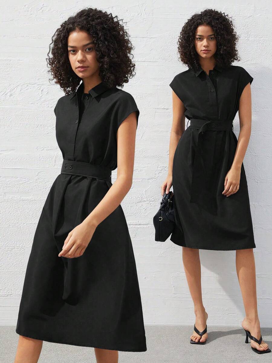 BizChic 2025 女士黑色翻领前开口可调节腰带设计连衣裙，浪漫优雅日常时尚百搭商务休闲办公室通勤别致复古风格女士办公室装 - 黑色 - 查看 1