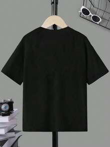 SHEIN Explorewe Áo thun tay ngắn in họa tiết động vật hoạt hình dễ thương, giản dị, phong cách dành cho bé trai tuổi teen - màu đen - Xem 2