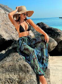 SHEIN Swim 1pc Women's Floral Leaf Print Tassel Decorated High Waist Jumpsuit, Vacation Style For Summer - Green - View 5