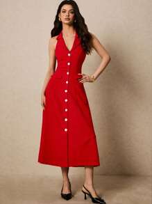 Poéselle 红色亚麻连衣裙，纽扣饰边，西装领设计，夏季女装，太阳裙，复活节女装，女士纯色单排扣翻领无袖休闲连衣裙，适合日常、街头、假日、约会等场合穿着 - 紅色 - 查看 3