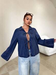 SHEIN ICON 大码牛仔夹克长袖修身蝴蝶结蓝色衬衫女式衬衫秋季女式连衣裙女式衬衫感恩节女式衬衫衬衫上衣女式衬衫衬衫感恩节女式衬衫衬衫圣诞节女式衬衫圣诞衬衫感恩节衬衫蓝色牛仔夹克 - 深色水洗藍 - 查看 6