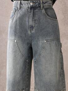 SUMWON 木匠面板牛仔短裤实用工作服宽松膝盖以下长度多口袋街头服饰夏季休闲时尚滑板百慕大短裤 - 藍色 - 查看 6