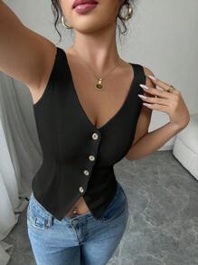 Elenzga Nueva Blusa sin mangas de corte slim, cuello en V, de primavera/verano 2025, estilo casual - Negro - Ver 7