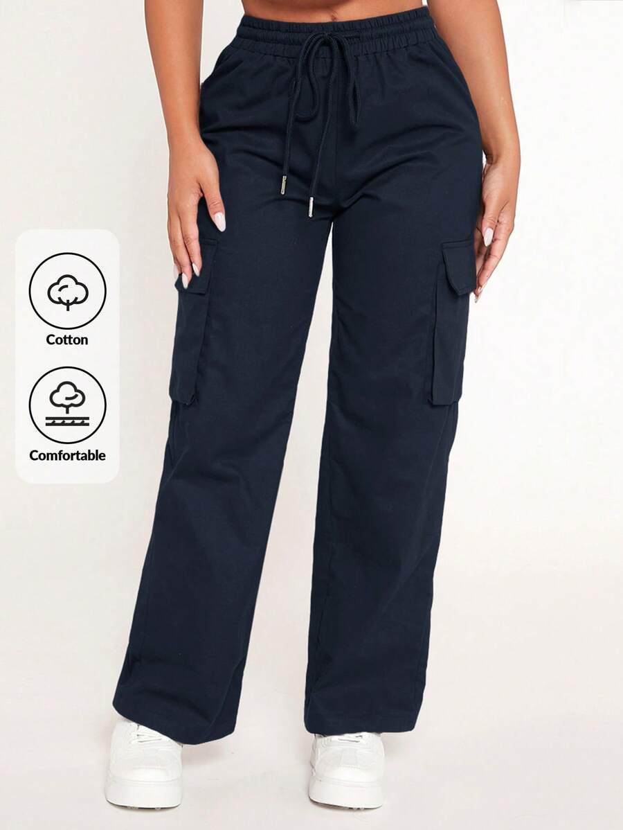 SHEIN PETITE Drawstring Waist Flap Pocket Cargo Trousers - Navy Blue - View 1