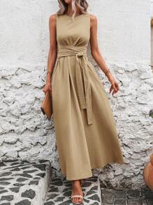 SHEIN Clasi Vestido simple y casual con cuello redondo, sin mangas, bolsillo y superposición de unicolor para mujer