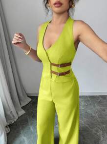 Elenzga Elegantes, einzigartiges Business Lässig Set für Damen mit ärmelloser Weste mit V-Ausschnitt, Lederknöpfen, Taillenbindung und geraden Hosen, Unifarben, geeignet für Dates, Büro