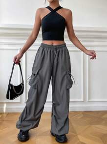 Coolane Sport Grey Flap Pocket Side Drawstring Waist Parachute Cargo Pants