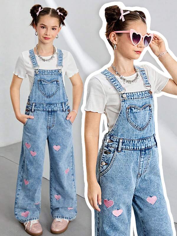 Tween Girls Denim Overalls & Jumpsuits, Sweet Fashion Versatile Casual Comfy Cute Heart Embroidered Teenage Girl Y2K Denim Dungarees