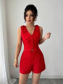 Selianne Conjunto casual de chaleco y pantalones cortos de mujer de un solo pecho, unicolor, con decoración de lazo en los hombros - Rojo - Ver 5