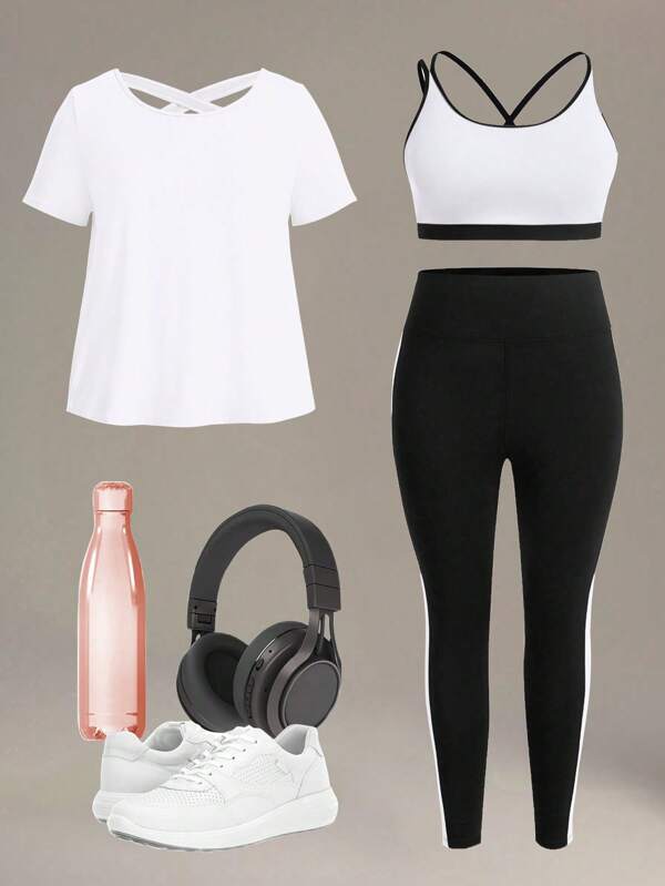 SHEIN Sport Studio Plus Size Women's Solid Color Short Sleeve T-Shirt, Criss-Cross Back Tank Top And Leggings Sports Suit Workout Women Sets